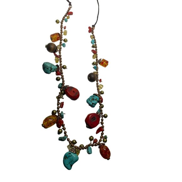 Bohemian Artisan Necklace With Multicolored Stone Beads & Brass Accents Adjustab - Picture 2 of 4